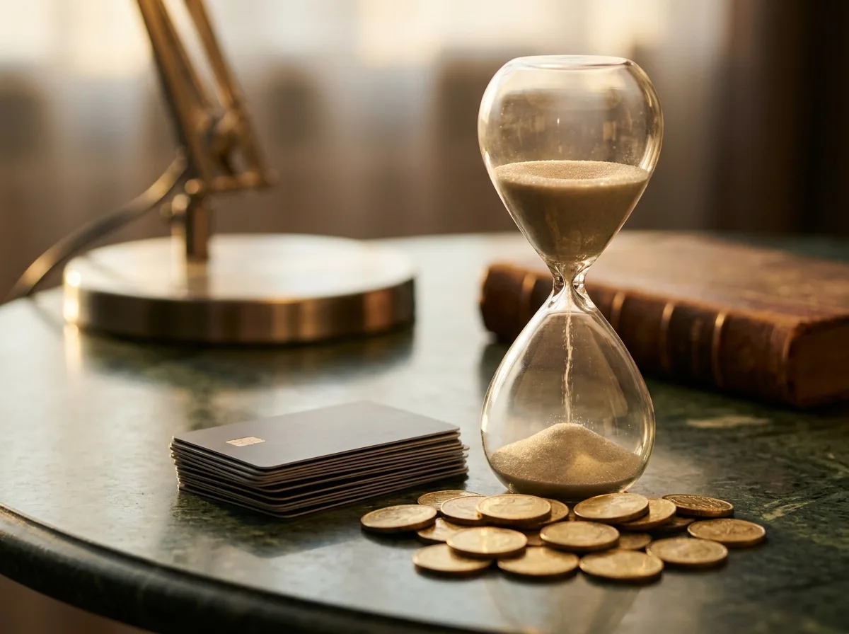 Clepsidră lângă carduri bancare, simbolizând timpul de procesare al unei retrageri